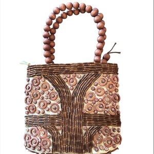Pele Wood Beaded Handbag Boho Artisan Top Handle Vintage Statement Bag